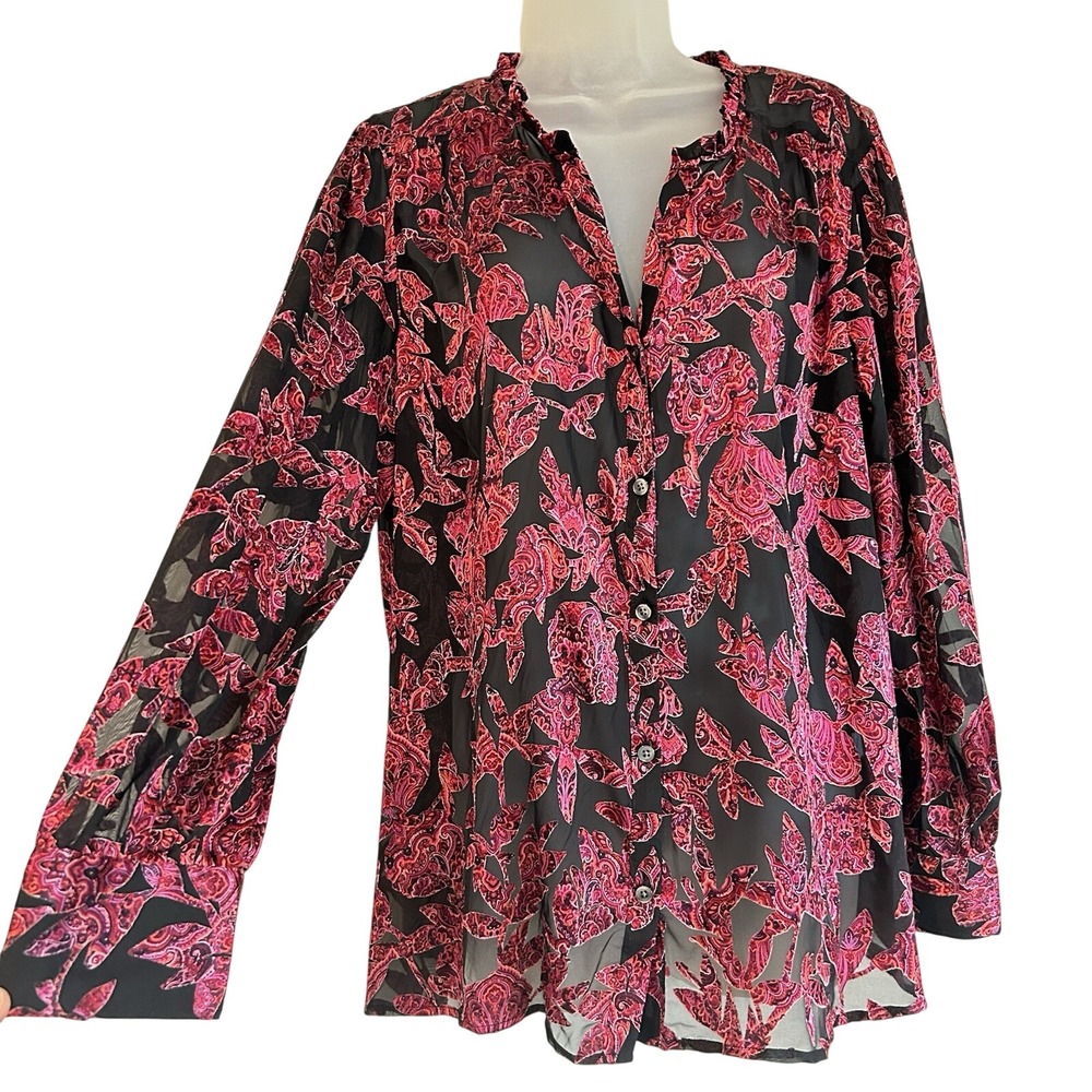 J Jill Sheer Floral Blouse Sz L Puff Sleeve Dark Boho Romantic Ruffle Collar